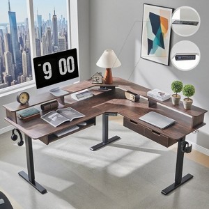 SinCiDo 60" L-Shaped Electric Standing Desk, Height Adjustable Corner Gaming Desk w/ Power Outlets, LED Lighting & 2 Drawers - 1 of 4