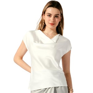 Allegra K Women's Cowl Neck Short Sleeve Dressy Casual Satin Top - 1 of 4