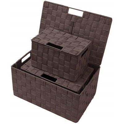 Brown Woven Polypropylene Stackable Storage Basket Set with Lids