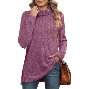 Clearlove Women's Solid Color High Neck Slit Hem Ribbed Loose Fit Long Sleeve T-Shirt Fall Winter Stretchy Casual Top - 1 of 4