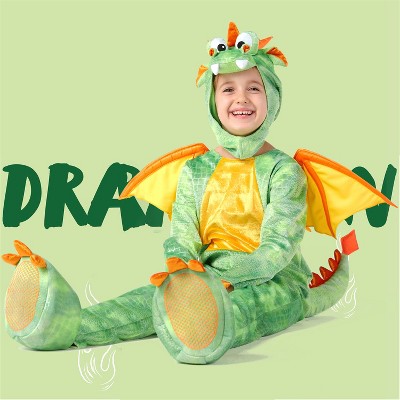 Joyfy  Halloween Costume Toddler Dragon Costume – Green Dino-Inspired Jumpsuit with Wings & Hood