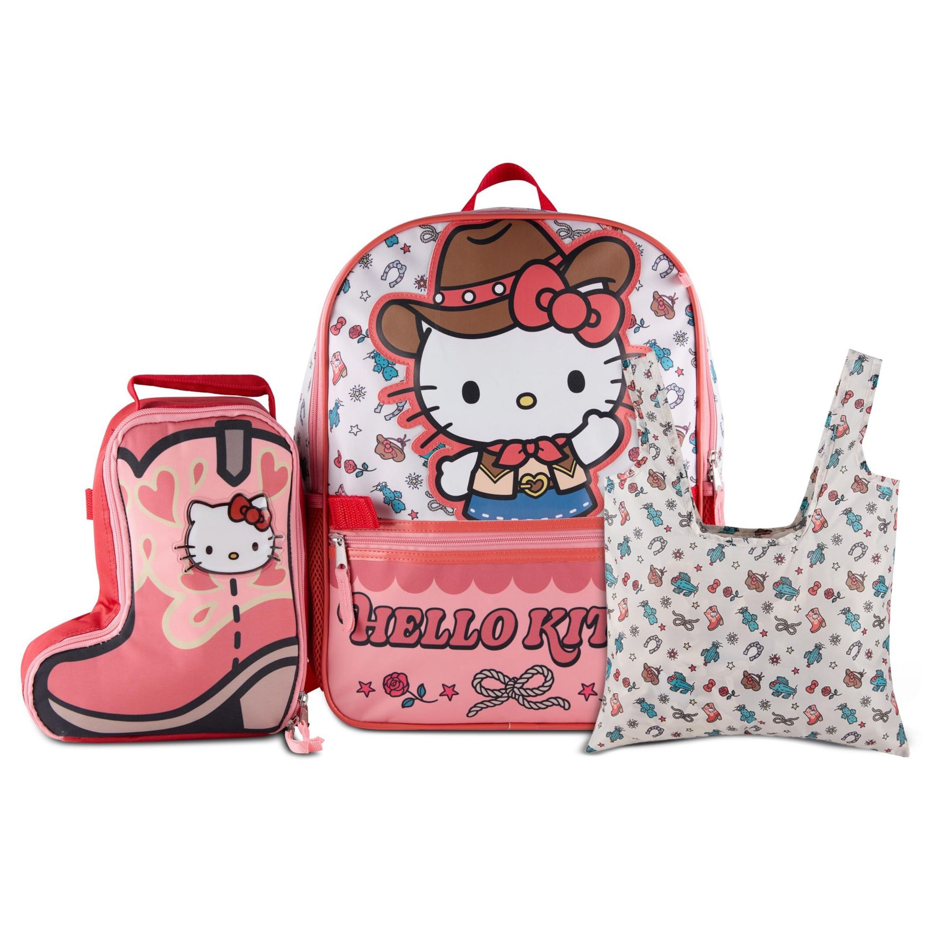 Hello Kitty Cowgirl Cute 3 PC Backpack Set for Girls, 16” Book Bag with Diecut Insulated “Boot” Box, & Detachable Reusable Tote Dangle