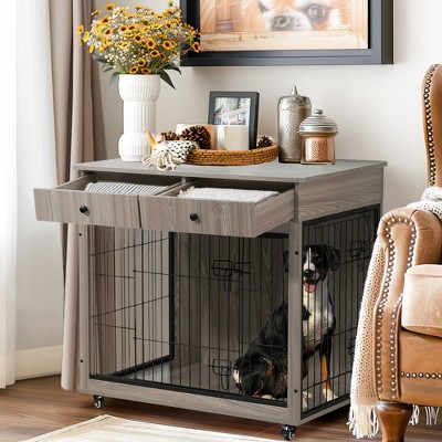 CENGHU Dog Crate Furniture for Large Dogs 38.4" L Large Dog Crate with Drawers, Wooden Dog Kennel Indoor Gray