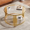 Glass Coffee Table Round Center Table Cocktail Table Accent Table Sofa Table with Gold Metal Drum Frame, Transparent/Black/Brown-ModernLuxe - 2 of 4