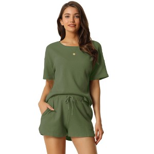 cheibear Women's Casual Pullover Short Sleeve Sleepshirt with Shorts Waffle Pajama Sets - 1 of 4
