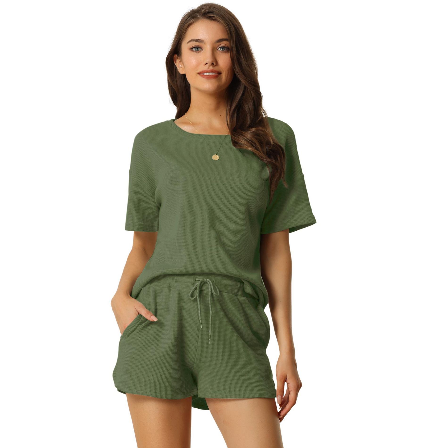 cheibear Women's Waffle Knit Casual Pullover Short Sleeve Tops with Shorts Lounge Pajama Sets Large Army Green