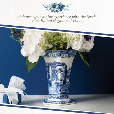 Hexagonal Blue Italian Porcelain Table Vase, 10" Geometric Design