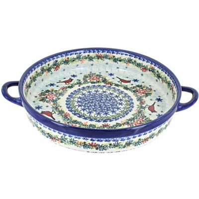 Blue Rose Polish Pottery 182 Vena large Round Baker with Handles
