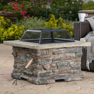 28" MGO Wood Burning Outdoor Fire Pit with Lid - Natural Stone - 1 of 4