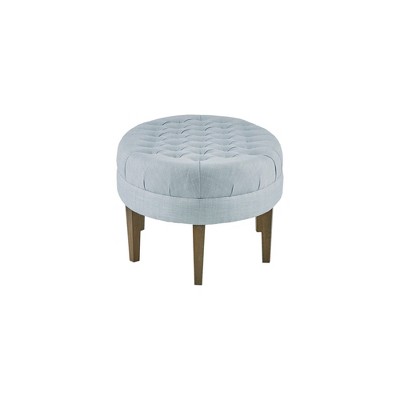 Dusty Blue Tufted Oval Wood Frame Ottoman