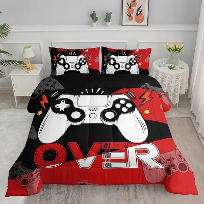 3Pcs Gamer Comforter Set Full Size – Black Red Video Game Controller Bedding with 1 Comforter & 2 Pillowcases, Boys Girls Men Gaming Room Decor