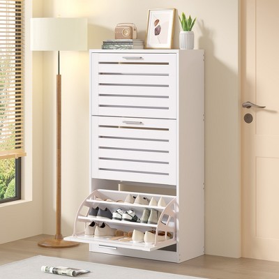 VECELO 3-Shelf Shoe Cabinet Storage for Entryway with 3 Flip Drawers Slim Hidden Free Standing Organizer, White