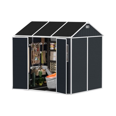 Vynxaria 8x7FT Outdoor Resin Storage Shed with Floor, Two Windows & Pad-Lockable Double Doors, Plastic Shed for Garden/Patio/Yard, Dark Gray