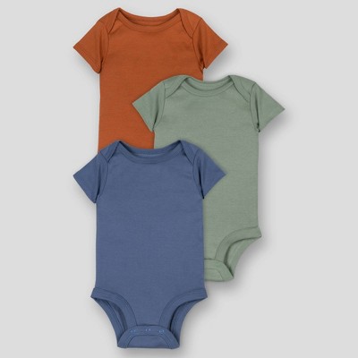 Image of Lamaze Baby 3pk Organic Cotton Earthtone Solid Short Sleeve Bodysuit - Chestnut/Green/Blue