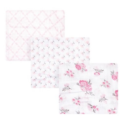 Hudson Baby Infant Girl Cotton Muslin Swaddle Blankets, Pastel Pink Floral, 3-Pack