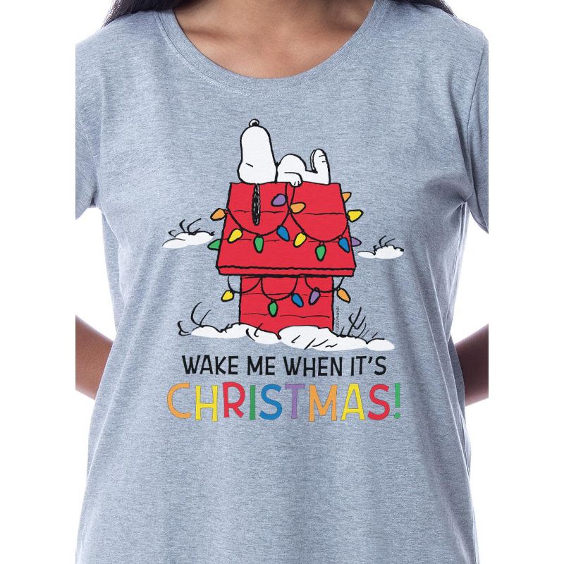 Peanuts Womens' Snoopy Wake Me Christmas Nightgown Sleep Pajama Shirt Grey, 2 of 5