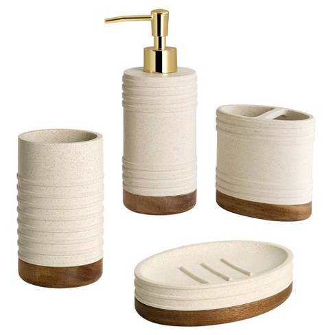 iMucci 4 Piece Beige Bathroom Accessories Set Modern Geometric Countertop  Organizer Includes Lotion Dispenser, Toothbrush Holder, Cup and Soap Dish 