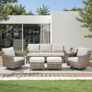 Buenhomino 6 Piece Patio Conversation Sets with Sofa Couch, Rattan Wicker Swivel Chairs with 2 Ottoman, Coffee Table & Cushions, Outdoor Furniture Set - 1 of 4