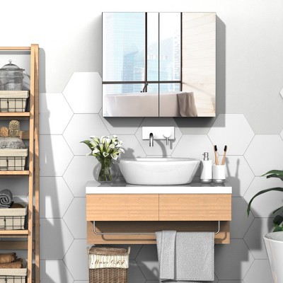 Vynxaria 24"x22" Steel Frame Mirrored Medicine Cabinet: Wall-Mounted Organizer with Double Doors for Stylish Bathroom Storage.