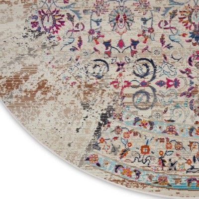 Vintage Kashan 6' Round Ivory Synthetic Easy-Care Rug