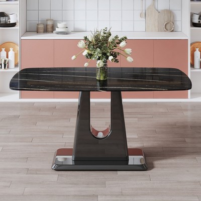 NicBex 63" Modern Rectangular Dining Table Imitation Marble Tabletop with U-shaped Bracket for Kitchen