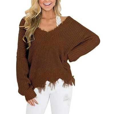Women's V Neck Pullover Sweater Oversized Long Sleeve Loose Knit Top