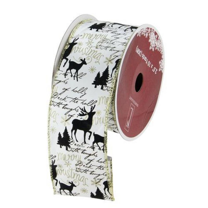 Northlight White and Black Playful Reindeer Christmas Wired Craft Ribbon 2.5" x 10 Yards, 1 of 4
