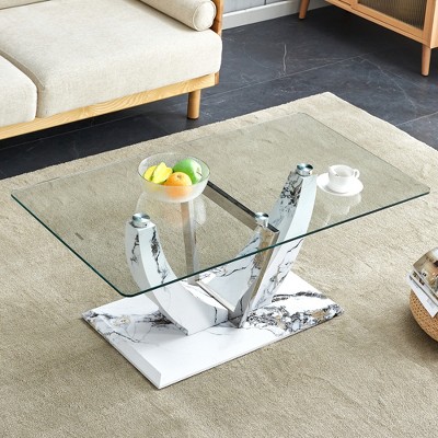 GlasFlength Rectangular Coffee Table with Tempered Glass Top, Modern Design, Suitable for Living Room, Patio, Clear, 43.3" * 23.6" * 17.3"