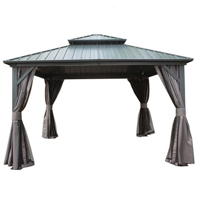 Gloweer Hardtop Gazebo, Outdoor Aluminum Frame Canopy with Galvanized Steel Roof, Permanent Metal Pavilion with Curtains and Netting