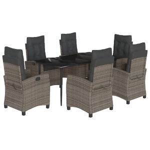 vidaXL 7 Piece Patio Dining Set - Outdoor/Garden Furniture - Gray Poly Rattan, Reclining Chairs, Tempered Glass Table, Cushions Included - 1 of 4