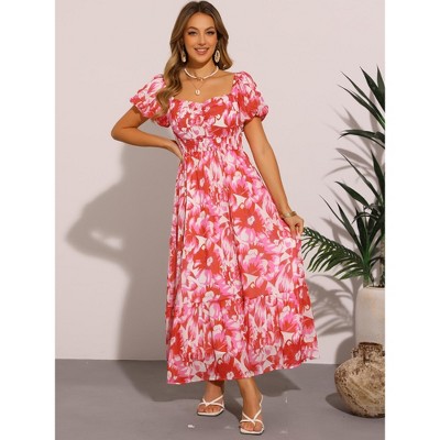 Женские платья INSPIRE CHIC Women's Floral Square Neck Puff Short Sleeve High Waist Smocked Back Flowy Tiered Maxi Dress Pink X-Small — фото 4