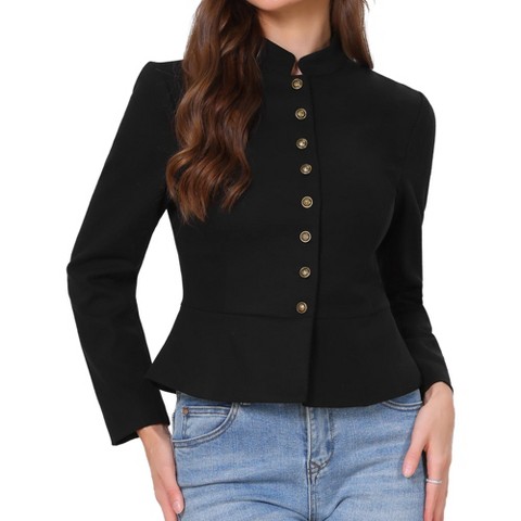 INSPIRE CHIC Women's Business Casual Classic Button Stand Collar Long Sleeve Work Fitted Blazer Suit Jackets Medium Black
