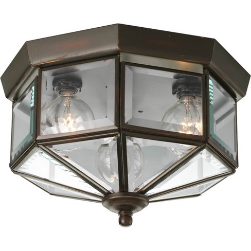 Progress Lighting P5788 3 Light Flush Mount Outdoor Ceiling Fixture With Beveled Glass Panels Antique Bronze