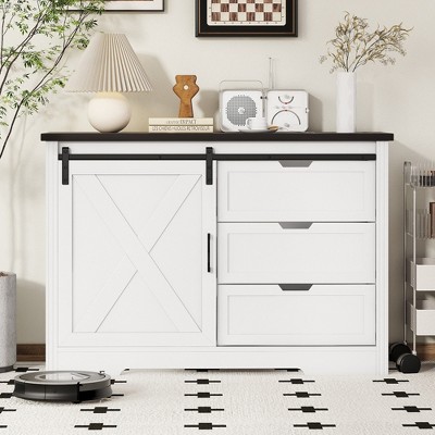 VYNXARIA Rustic Farmhouse Storage Cabinet with Sliding Barn Doors and Drawers