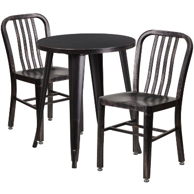 Emma and Oliver Commercial Grade 24" Round Metal Indoor-Outdoor Table Set & 2 Slat Back Chairs