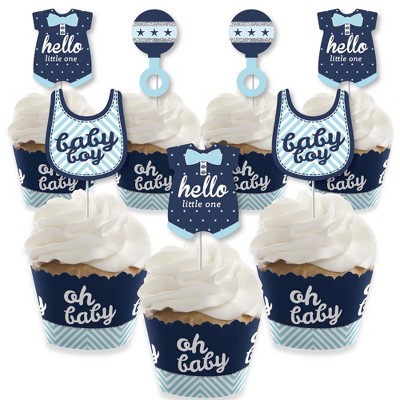 Big Dot of Happiness Hello Little One - Blue and Silver - Cupcake Decoration - Boy Baby Shower Cupcake Wrappers and Treat Picks Kit - Set of 24