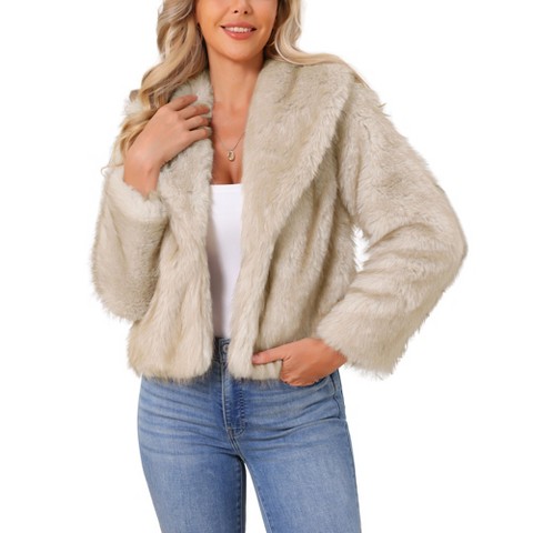 Женские куртки INSPIRE CHIC Women's Long Sleeve Lapel Open Front Fluffy Shaggy Faux Fur Winter Warm Furry Coat Small Beige