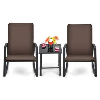 Tangkula 3PCS Rattan Bistro Rocking Chair Set Patio Furniture Set w/ Cushions
