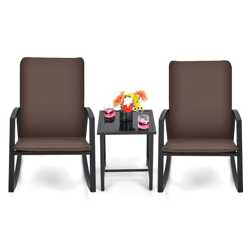 Tangkula 3PCS Rattan Bistro Rocking Chair Set Patio Furniture Set w/ Cushions, 1 of 10