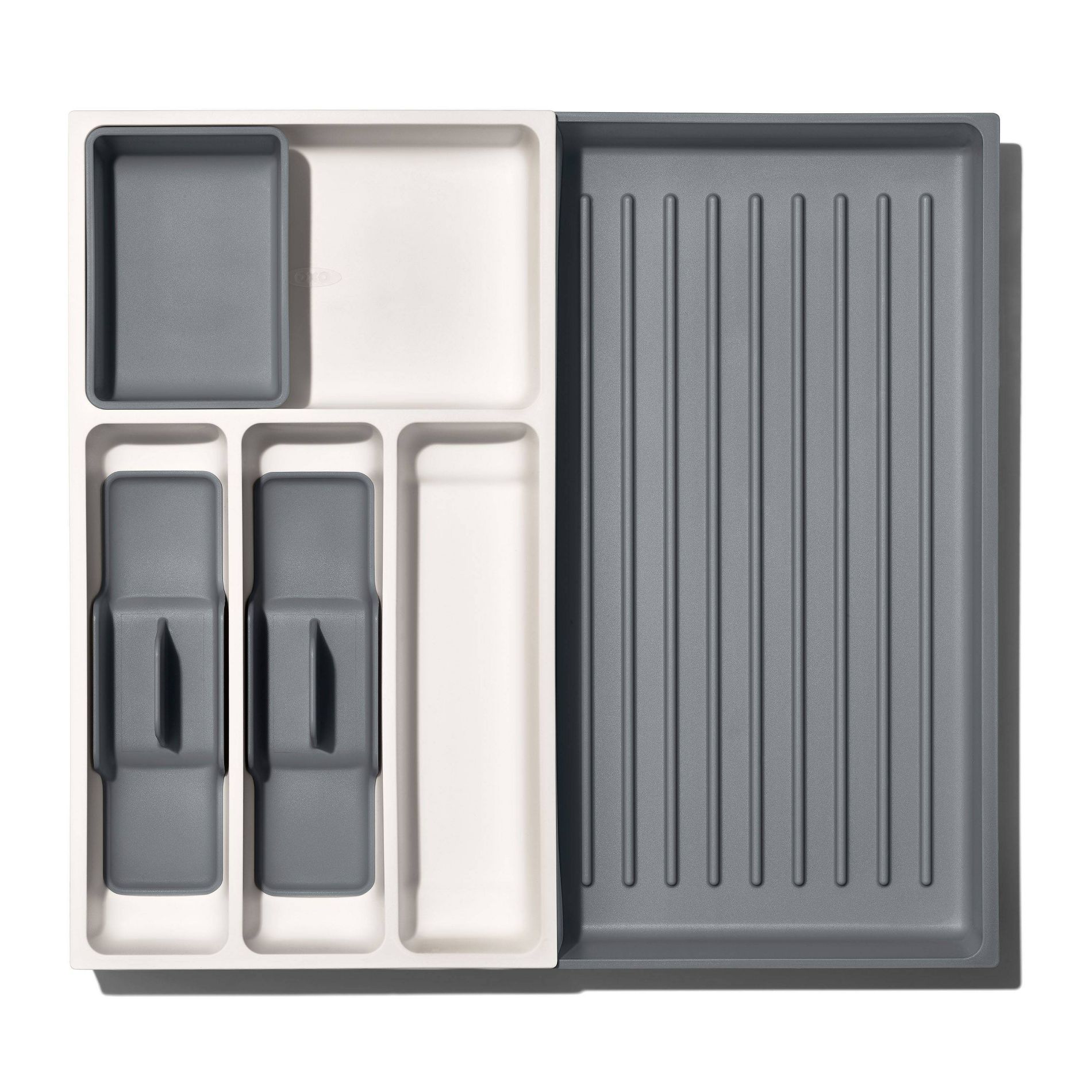 OXO Expandable Utensil Drawer Organizer: Gray Kitchen Storage, Hand Wash, TPE & Polypropylene, 16.35" Depth, 9.91" Width