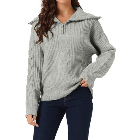 Seta T Women's Casual Long Sleeve Half Zip V Neck Collar Ribbed Knit  Sweater Grey S