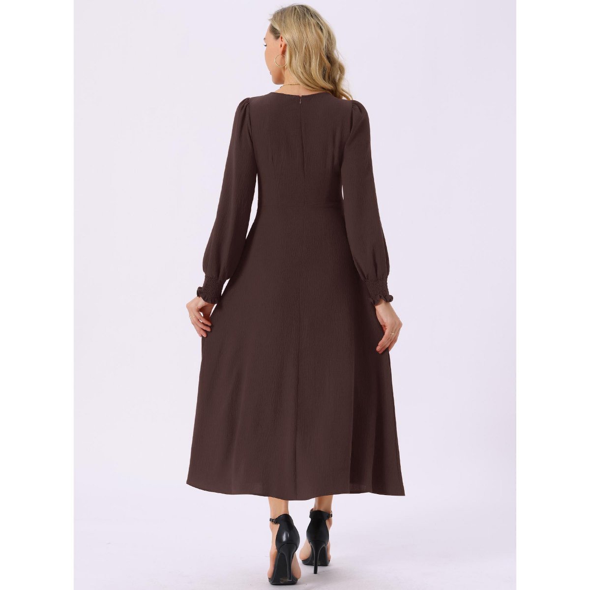 Женские платья INSPIRE CHIC Women's Elegant Frilled Crewneck Midi Long Sleeve Pleated A-Line Flowy Dress with Pockets Coffee Large — фото 4