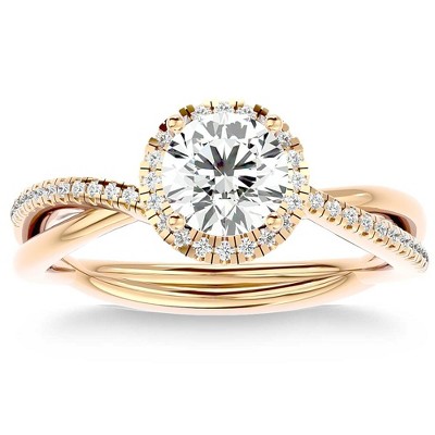 Pompeii3 1 1/5Ct TW Moissanite & Diamond Halo Crossover Engagement in Ring 10k Gold
