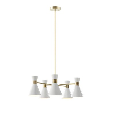 Ezra Mid-Century 5-Light Chandelier in Antique Brass with White Shades