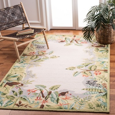 Handmade Beige and Green Wool Floral Rectangular Area Rug