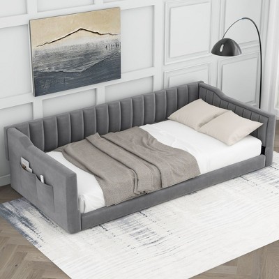 CAVINAS Twin/Full Size Pine Wood Velvet Upholstered Daybed Bed Frame with Side Storage pocket,No Box Spring Needed