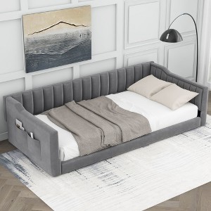CAVINAS Twin/Full Size Pine Wood Velvet Upholstered Daybed Bed Frame with Side Storage pocket,No Box Spring Needed - 1 of 4