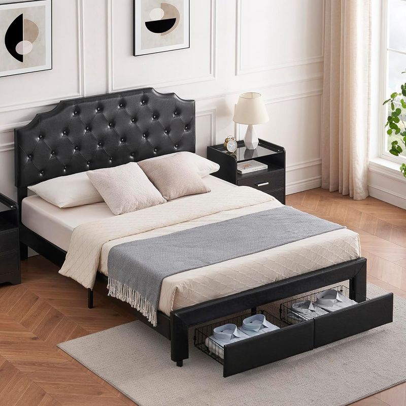 Whizmax Bed Frame with 2 Drawers, Upholstered Leather Headboard and Footboard, Wooden Slats Support, No Box Spring Needed, Black, 3 of 8