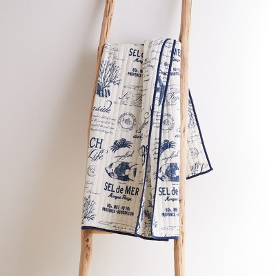 Navy and White Cotton Nautical Reversible Quilted Throw