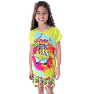 Scooby Doo Girls' Tie Dye Mystery Machine Shirt and Shorts Pajama Set Lime Green Tie Dye - 1 of 4